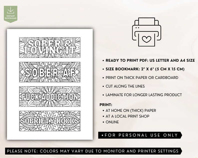 Sobriety Coloring Bookmarks, Printable Addiction Recovery Book Mark Set ...