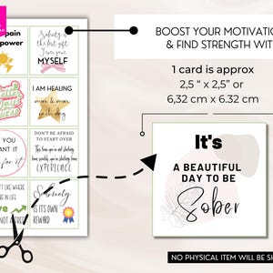 May include: A printable digital download of 9 motivational cards with positive affirmations for sobriety. The cards are 6.32 cm by 6.32 cm and feature a variety of colours and designs. The text on the cards includes phrases like "It's a beautiful day to be sober" and "Sobriety is its own reward".