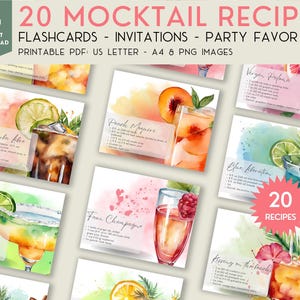 Mocktailreceptkaarten, 20 alcoholvrije drankjes-flashcards, aquarel uitnodiging feestbedankje, afdrukbaar soberheidscadeau mom to be, mixologist