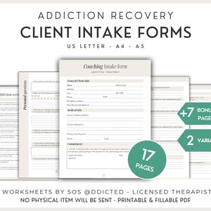 Formularios de admisión para clientes de recuperación de adicciones - Recursos de terapia con consejeros con acuerdo de coaching, notas de sesión y páginas adicionales - PDF imprimible