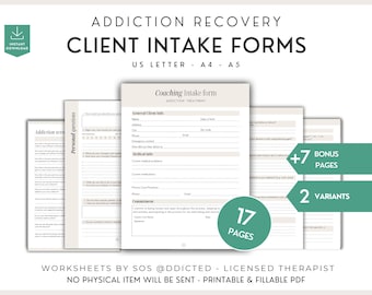 Formularios de admisión para clientes de recuperación de adicciones - Recursos de terapia con consejeros con acuerdo de coaching, notas de sesión y páginas adicionales - PDF imprimible
