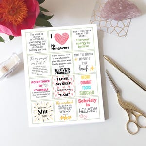 May include: A set of 12 colourful affirmation cards with motivational quotes and illustrations. The cards feature pink, yellow, blue, and green colours with white text. The quotes include "The secret of change is to focus all your energy not on fighting the old, but on building the new", "No Hangovers", "Don't use your energy to worry. Use your energy to believe", "Make the decision and never look back", "Believe in yourself", "I love myself just the way I am", "Decide, commit, focus, succeed", "The comeback is always stronger than the setback", "Let that shit go", and "Sobriety is hellasexy".