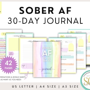 Op de afbeelding: Een 30-daags dagboek met een aquarel achtergrond in tinten roze, paars en blauw. De omslag heeft de tekst "SOBER AF IN 30 DAYS journal". Het dagboek bevat 42 pagina's met 50 affirmaties en bonusbladen. Het dagboek is verkrijgbaar in de formaten US Letter, A4 en A5.