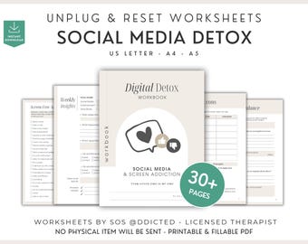 Social Media and Digital Detox Workbook – Reduce Screen Time Tracker – Manage Smartphone Addiction Journal – Printable Therapy Worksheets