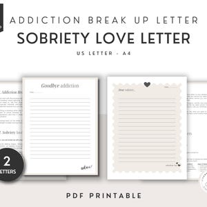 Hojas de trabajo de terapia para la recuperación de adicciones, carta de ruptura de adicción y carta de amor por la sobriedad, recurso de tratamiento del consejero de SUD, habilidades de afrontamiento