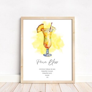 Póster imprimible con la receta de cóctel sin alcohol Piña Bliss, bebida sin alcohol, decoración de pared con acuarela amarilla, regalo para ella que busca la sobriedad, regalo para el embarazo