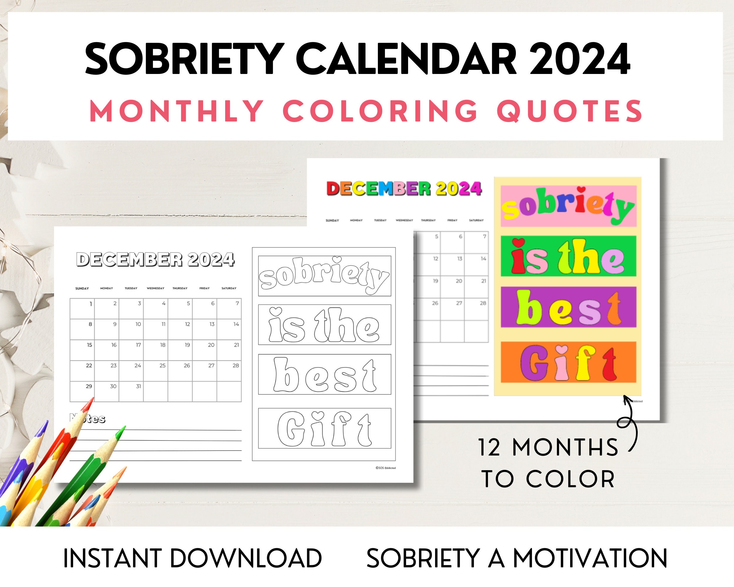 Sobriety Motivational Quotes Calendar 2024, Monthly Adult Coloring Pages,  Sober PRINTABLE Planner, Addiction Recovery Inspirational Sayings - Etsy