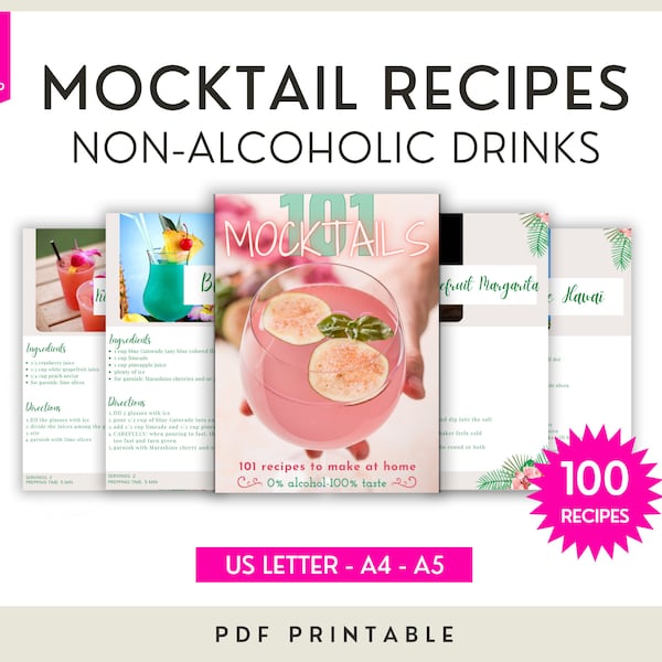 Mocktails Non-Alcoholic Drinks and Cocktail 101 Recipes Printable Ebook PDF Download Sobriety gift and Pregnant Mom to be Gift Sober Living