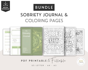 Paquete de diario de sobriedad y páginas para colorear, hojas de trabajo para la recuperación de adicciones, citas sobre la sobriedad, abuso de sustancias, terapia de autoayuda, PDF digital