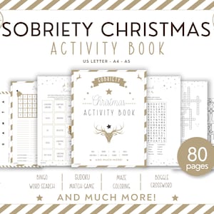 Nüchternes Weihnachtsaktivitätsbuch für Suchtheilung, Urlaubspuzzles und Malseiten, nüchterne Unterstützungsfrauen, druckbare Urlaubsaktivitäten