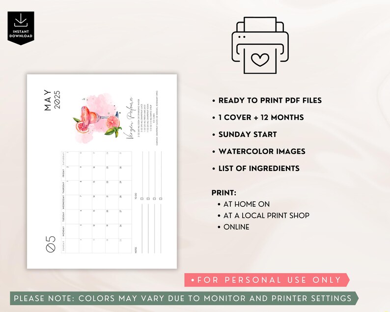 2025 Printable Sober Calendar With Watercolor Mocktail Illustrations 2025 Printable Sober Calendar With Watercolor Mocktail Illustrations