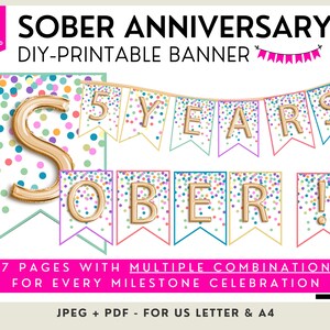 Nüchterner Geburtstag druckbares Banner, Nüchternheit Jahrestag Wimpelkette, DIY Erholungsparty, Jahre Meilenstein, Nüchternheitsgeschenk für Männer und Frauen