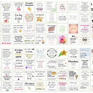 May include: A colourful collage of motivational quotes and affirmations. The quotes are printed on a white background with colourful illustrations and designs. Some of the quotes include "Give Yourself Time", "It's Time to be Happy Again", "Let That Shit Go", and "I Love Myself Just the Way I Am".