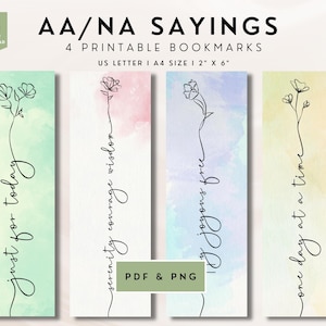 AA Sayings Printable Bookmarks, NA Addiction Recovery Floral Insert Set, Reading Accessories AL Anon, One Day At A Time Sobriety Gift Women