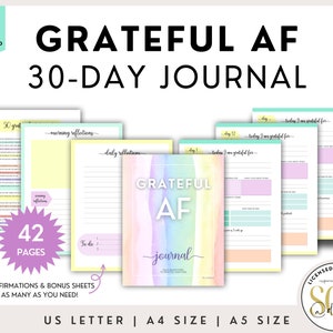 Pu&ograve; includere: Un diario di gratitudine stampabile di 30 giorni con uno sfondo ad acquerello arcobaleno. Il diario include 42 pagine con spunti per riflessioni quotidiane, liste di cose da fare e affermazioni. Il testo "GRATEFUL AF" &egrave; scritto in un font a mano.