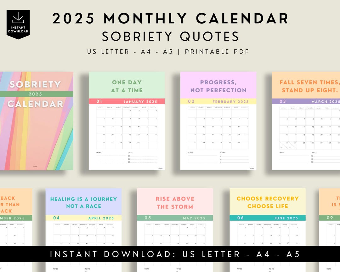 2025 Sobriety Calendar Motivational AA Quotes, Printable Monthly