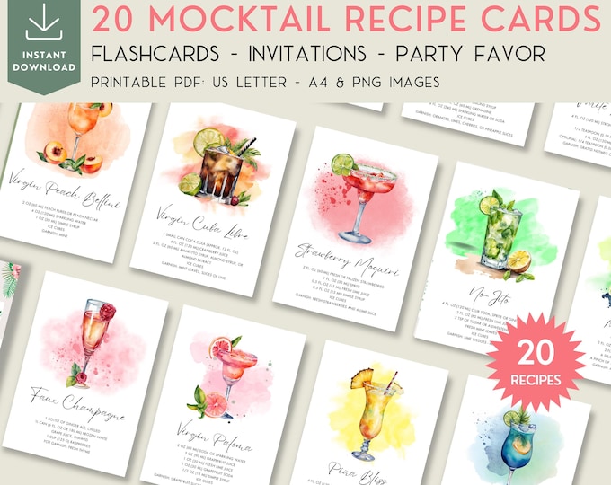 Mocktail Recipe Flashcards, 20 Alcohol-free Drinks Ingredients Cards, Watercolor Invitation Party Favor, Sobriety Gift Sober Mom To Be