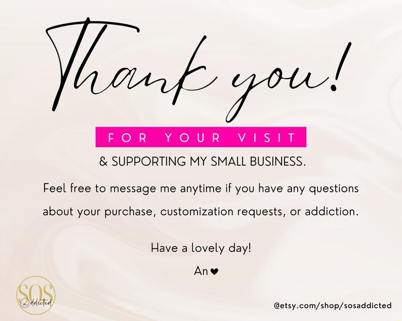 May include: Thank you! for your visit & supporting my small business. Feel free to message me anytime if you have any questions about your purchase, customisation requests, or addiction. Have a lovely day! An &hearts; @etsy.com/shop/sosaddicted