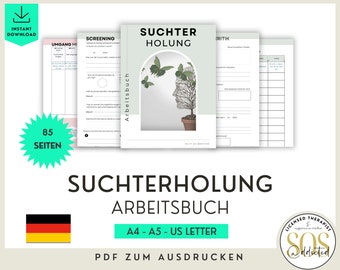 May include: A green and white workbook with the title "Suchterholung Arbeitsbuch" and the text "A4 - A5 - US Letter" and "PDF zum Ausdrucken". The workbook is illustrated with a stylized tree with butterflies.
