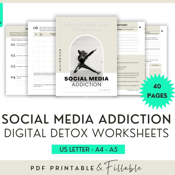 Digital Detox Workbook, Overcoming Social Media Addiction, Screen Time Management Strategies, Self Help & Counselor Printable Worksheets