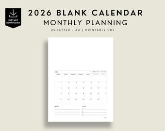 Calendario imprimible en blanco 2026: Planificador minimalista (descarga PDF)