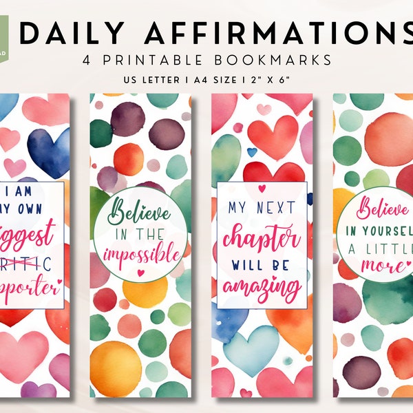 Daily Affirmations Printable Bookmark Set Of 4, Watercolor Hearts Bookmark Set, Mindful Reader Gift For Women, Cute Recovery Gift For Her