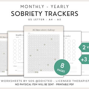 Nüchternheit-Tracker druckbare Arbeitsblätter: Monatliches & Jahres-Sucht-Wiederherstellungs-Tagebuch, 365-Tage-Challenge, Nüchtern-Meilenstein, Alkoholkonsum PDF