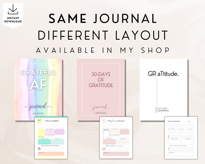 Pu&ograve; includere: Tre copertine di diario diverse con layout diversi. La prima copertina &egrave; un design ad acquerello con il testo "GRATEFUL AF journal". La seconda copertina &egrave; uno sfondo rosa con il testo "30-DAYS OF GRATITUDE journal". La terza copertina &egrave; bianca con il testo "GR aTtitude. DAILY & GUIDED JOURNAL".