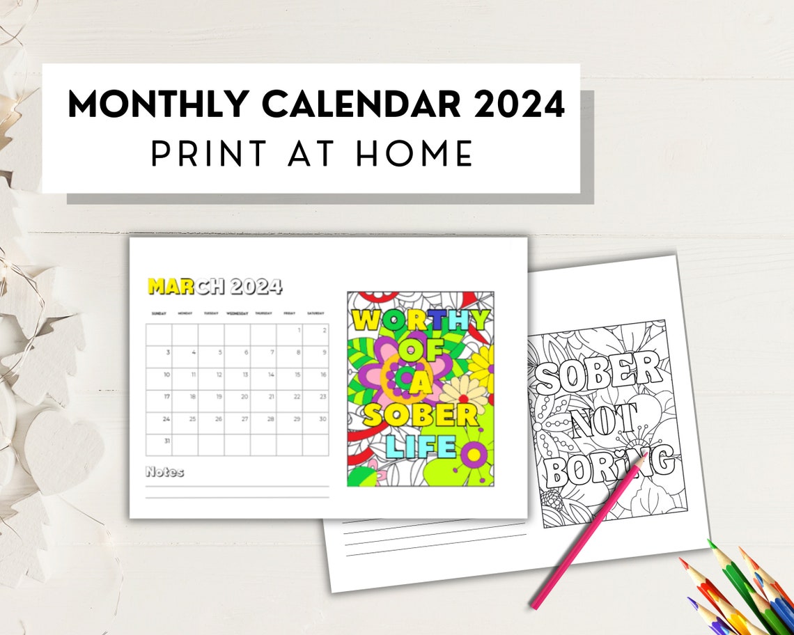 Sobriety Calendar 2024, Monthly Adult Coloring Pages, Sober Quotes