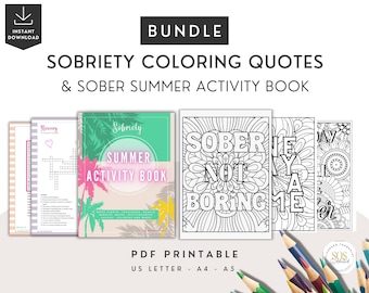 Recovery Games Bundle: Sobriety Activity Book, Addiction Recovery Coloring Pages Adults Teens, Motivational Sober Quotes, Anti-Stress Gift