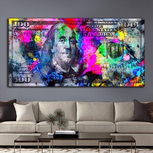 Pintura sobre lienzo de dólares, impresión sobre lienzo de dinero, arte colorido de dólares, póster de dinero, impresión de dólares encadenados, arte de dólares estadounidenses, decoración de pared de dinero