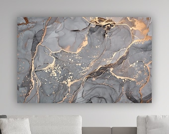 Könnte beinhalten: Abstrakter Kunstdruck mit einem Marmormuster in Grau und Gold. Der Druck hat ein wirbelndes Muster mit goldenen Akzenten und einem weißen Hintergrund.