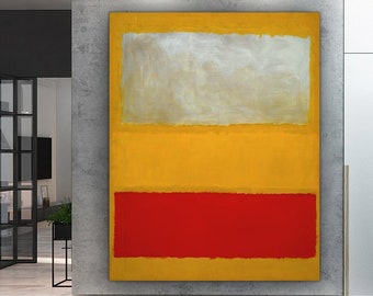 May include: Abstract painting with three horizontal bands of color. The top band is a light gray, the middle band is a bright yellow, and the bottom band is a vibrant red.