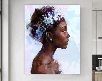 african american woman canvas painting , black woman canvas print , black artistic woman painting