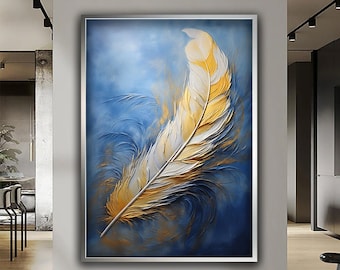 Feather canvas painting, yellow feather canvas, white feather poster, feather wall art