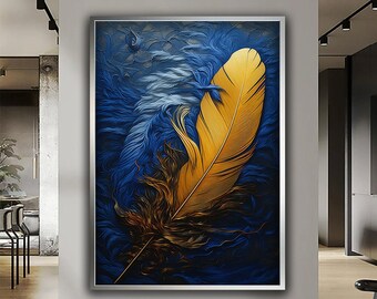 Yellow feather canvas print ,feather canvas painting, feather canvas, white feather poster, feather wall art
