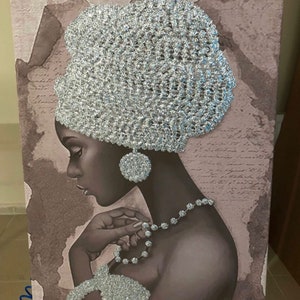 silver glitter embroidered african woman canvas painting.black woman painting.handwork wall decor