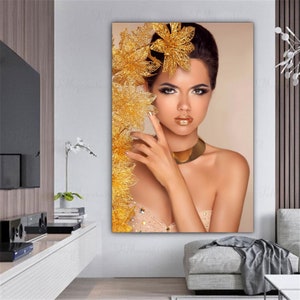 Photomodel woman canvas painting, beautiful woman with golden flowers canvas print, hairdressing salon decor, women&#39;s canvas painting