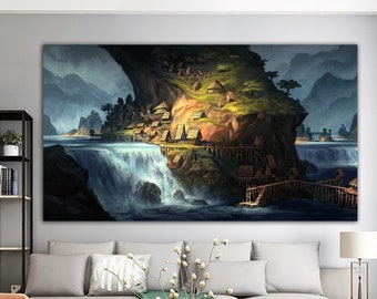 surreal art canvas painting, forest canvas print, forest and stream city landscape canvas print, landscape canvas painting