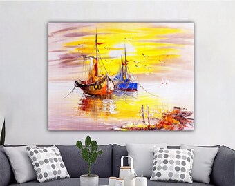 Fishing boat canvas, color boat print, oil painting ship landscape canvas painting