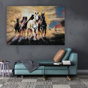 colorful horse canvas painting, horse canvas print, colorful animal wall decor, running horses canvas painting, horse canvas print