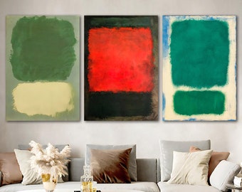 May include: Three abstract paintings with a minimalist design. The paintings are in shades of green, red, and blue. Each painting has two horizontal bands of color.