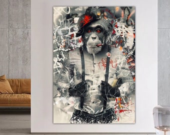 Canvas Monkey man, kleurrijke apenkunst, dierenmuurdecoratie, aap, muurkunst woonkamer, kunst aan de grote muur, Banksy Monkey