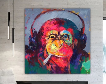 Colorful Monkey Print, Gorilla Wall Art, Animal Wall Decor, Office Wall Decor, Old Monkey Canvas,  Monkey Photo, Monkey Art