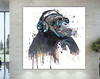 Colorful Monkey Print, Gorilla Wall Art, Animal Wall Decor, Office Wall Decor, Old Monkey Canvas, Large Wall Art, Monkey Photo, Monkey Art
