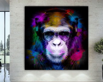 Colorful Monkey Print, Gorilla Wall Art, Animal Wall Decor, Office Wall Decor, Old Monkey Canvas, Large Wall Art, Monkey Photo, Monkey Art