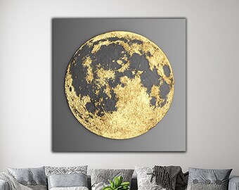 Pintura sobre lienzo de luna, impresión sobre lienzo de luna llena, pintura sobre lienzo de media luna, pintura de media luna, decoración del hogar espacial, impresión sobre lienzo de fases lunares