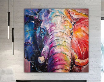 Impresión en lienzo de elefante colorido, decoración contemporánea del hogar, pintura de elefante colorido, pintura de animales, arte de pared de elefante