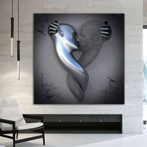 kissing love couples canvas painting, silver glitter textured canvas print, wall decor, 3d effect painting