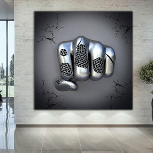 chain fist canvas painting, hand canvas print, 3d effect canvas art, silver glitter textured canvas
